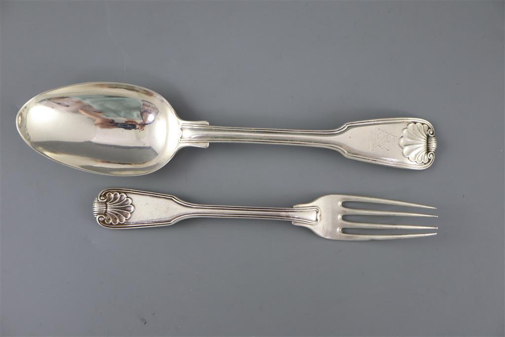 PAUL STORR- A set of six George III silver double struck, fiddle, thread and shell pattern dessert spoons, 6 tablespoons and 12 forks.